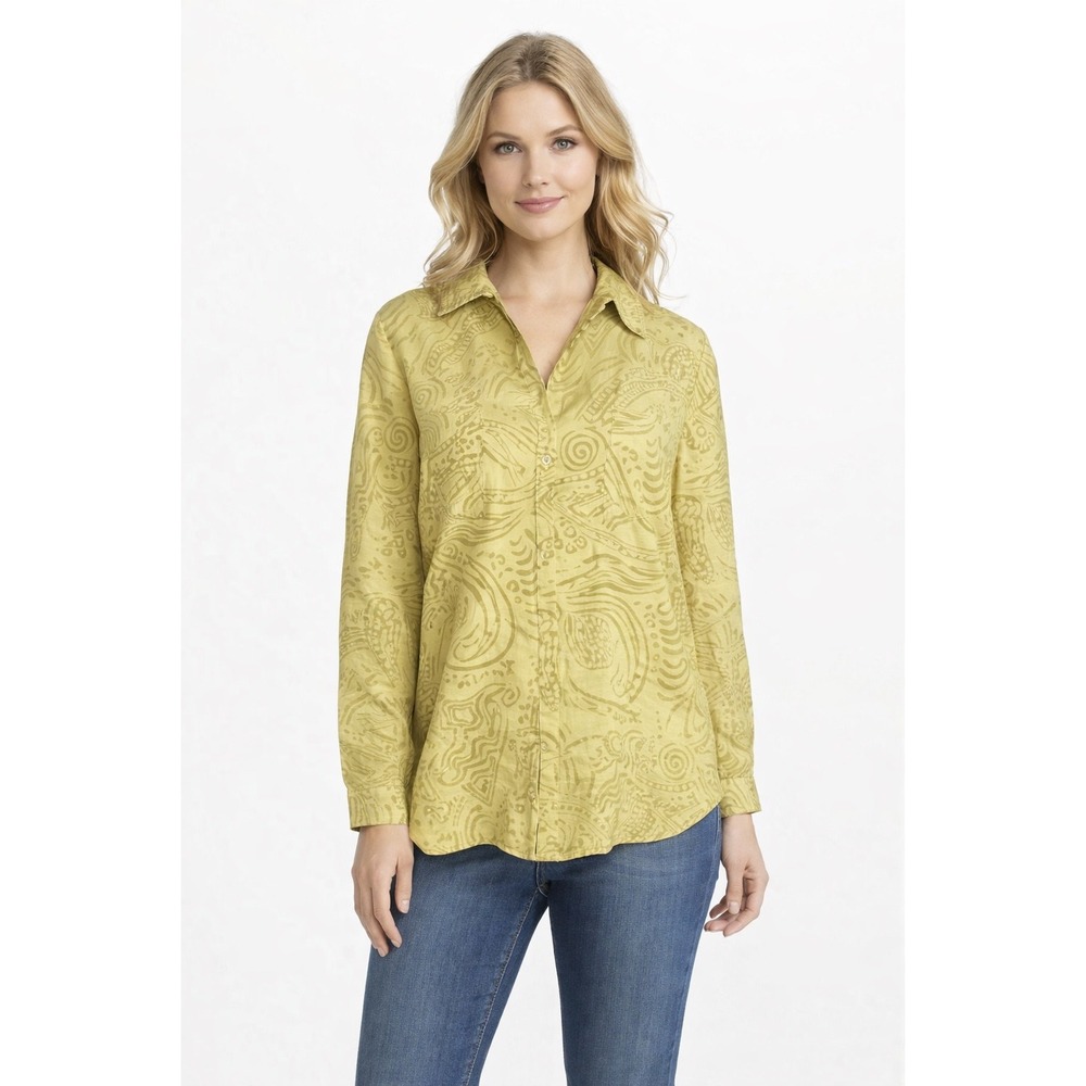 Chico's Textured Jacquard Button Front Shirt Green Abstractā Print Size 1 M/L